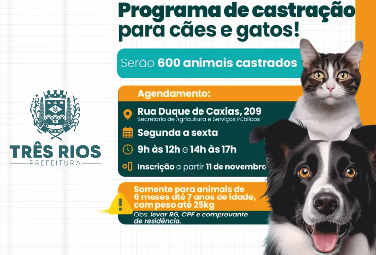 Prefeitura de Três Rios inscreve para Programa de Castração de Cães e Gatos